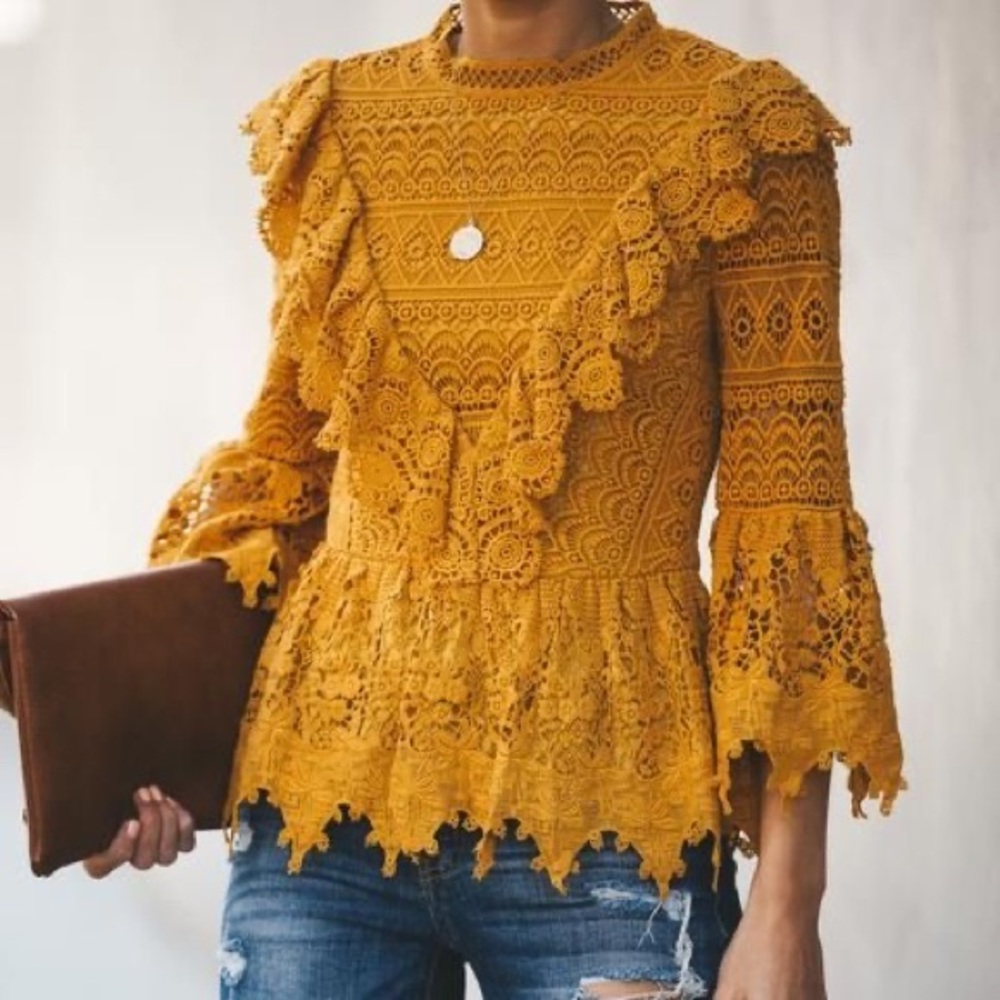 VICI Regal Crochet Lace Peplum Top - Mustard